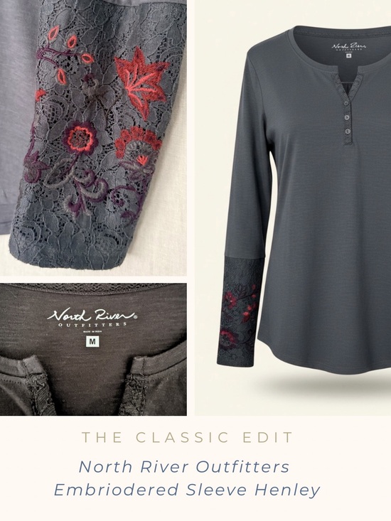 Tops - North River Outfitters | Gray Henley Embroidered Cuff | Long Sleeve T-Shirt | M